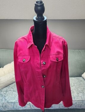 Roz & Ali Raspberry Button-Front Jean Jacket Size 14/16 Plus Sparkly Buttons!